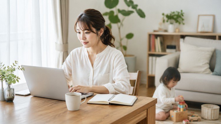 自宅のダイニングでノートパソコンに向かう女性と、そばで遊ぶ子ども